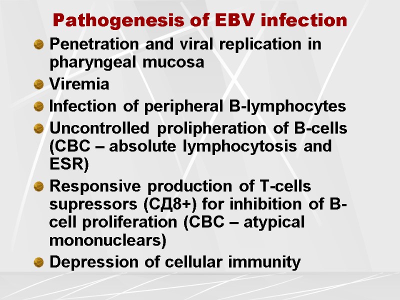 Pathogenesis of EBV infection Penetration and viral replication in pharyngeal mucosa Viremia  Infection